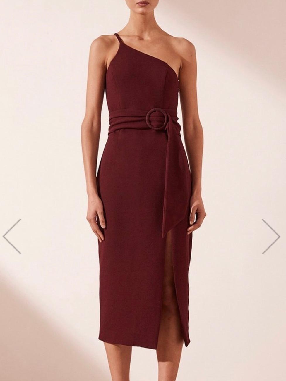 Shona Joy Andrea One-Shoulder Fitted Midi Dress Burgundy 6 - Image 1