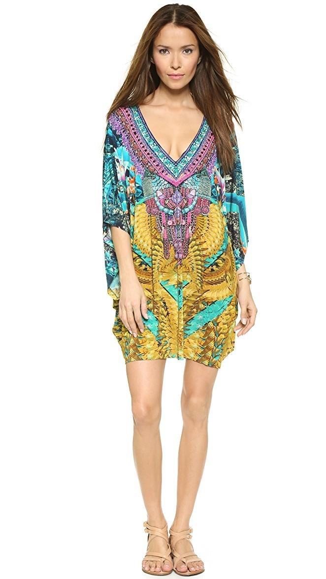 Camilla Batwing Sleeved Cover Up Kaftan Blue & Yellow 12 - Image 1