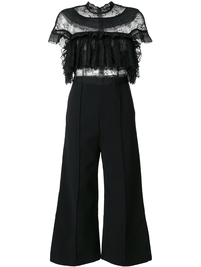 Self Portrait - Ruffle Trim Flared Jumpsuit Black Size 6 - Image 4