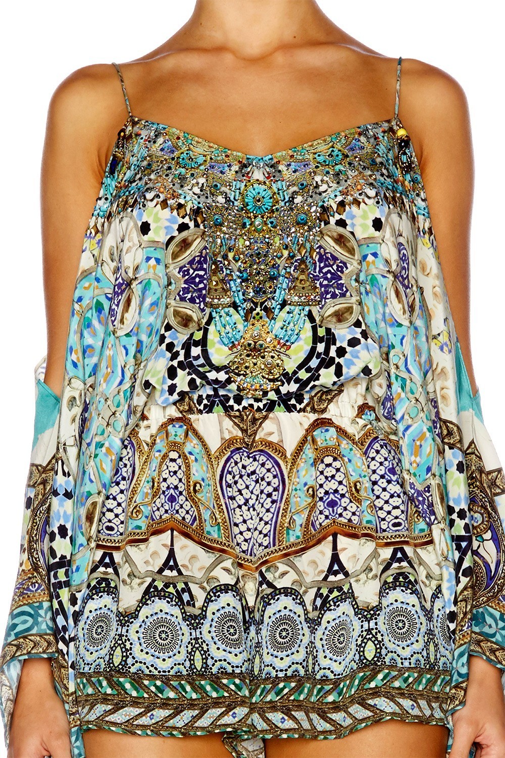 CAMILLA | Meet Me In Casablanca Drop Shoulder Blue Print Playsuit Size 8 | SOLD OUT - Image 5