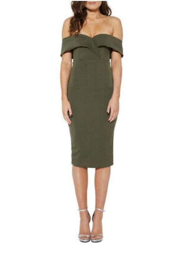 Mossman Off Shoulder Midi Dress Khaki Size 12 - Image 1