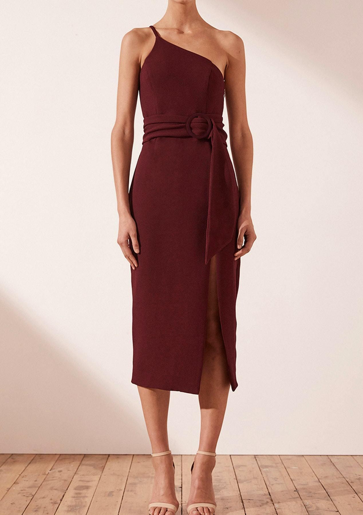 Shona Joy One Shoulder Leg Split Midi Dress Red Size 10 - Image 1