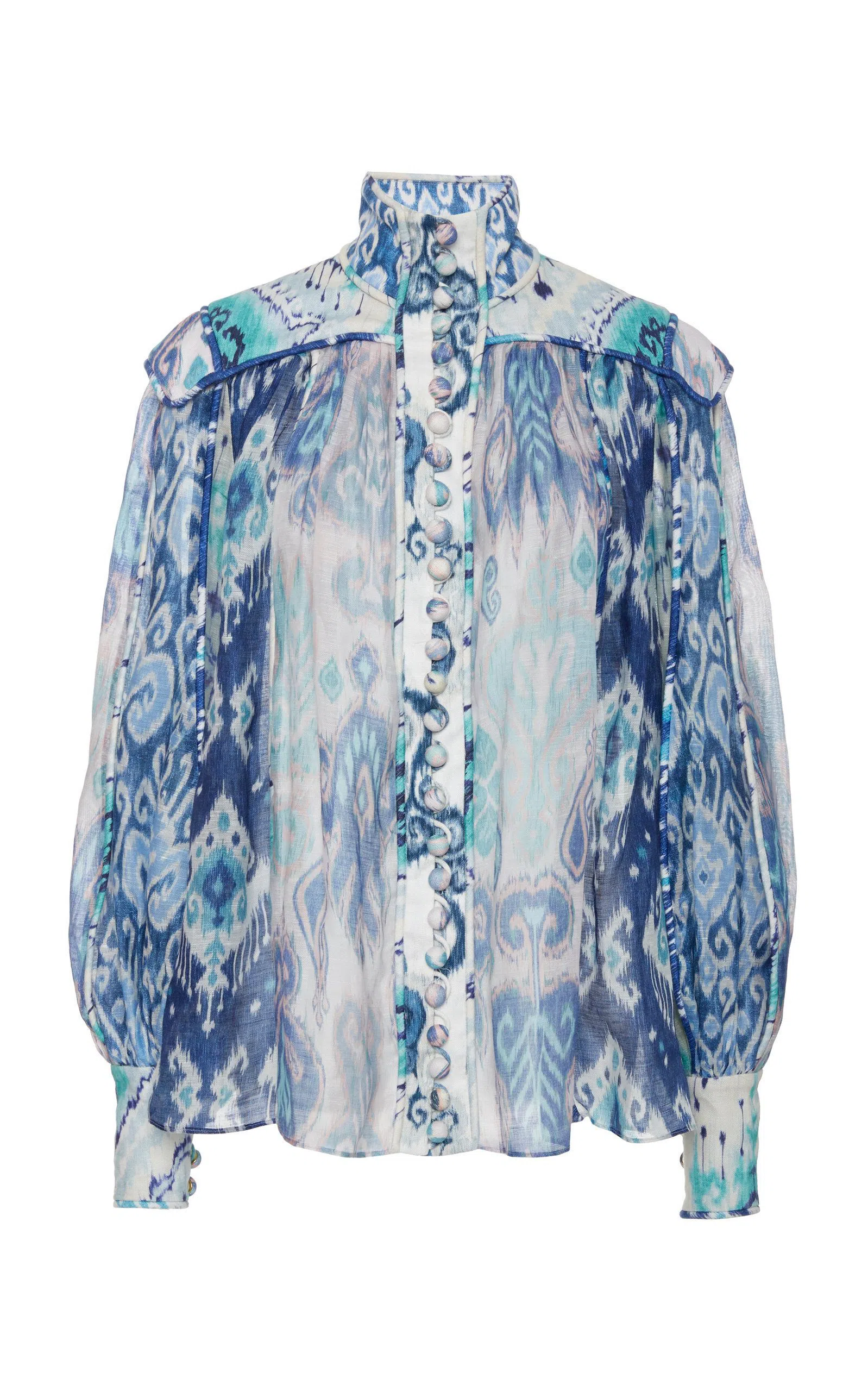 Zimmermann The Glassy Long Sleeve Blouse Spliced Blue Ikat Size 1 / AU 10 - Image 3