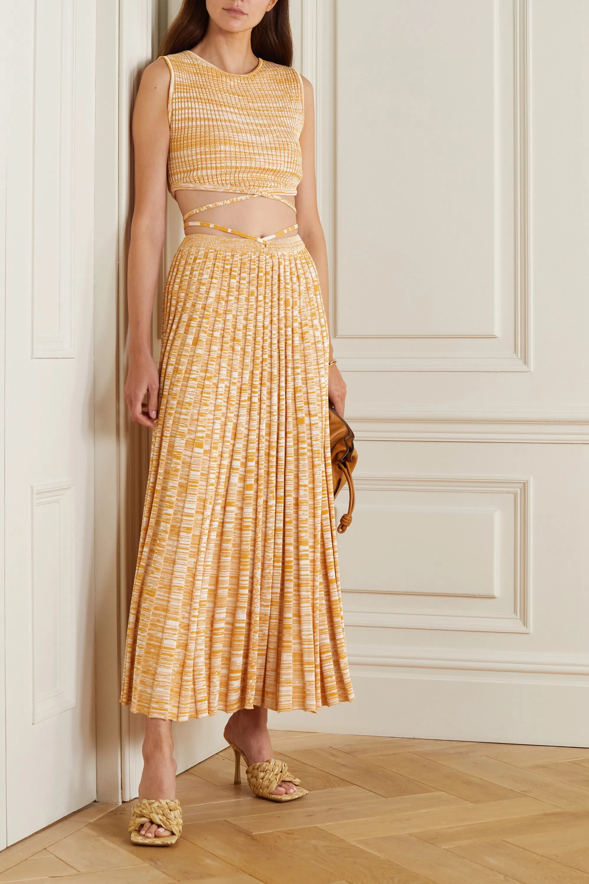 Christopher Esber Cropped Tie-detailed Mélange Ribbed-knit Top and Maxi Skirt Set Brown Size 6 - Image 1