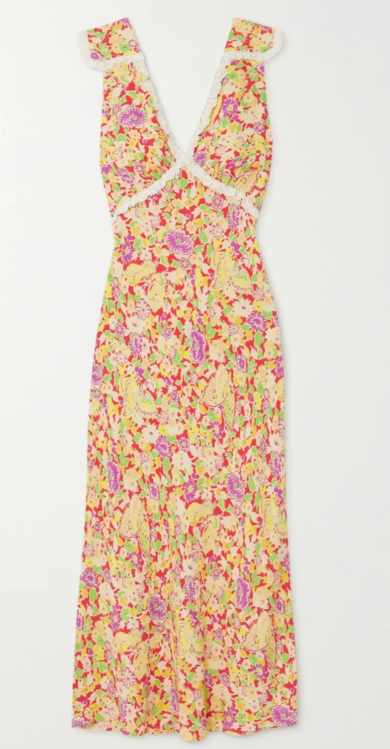 Rixo Storm Crochet Trimmed Crepe Midi Dress Floral Print Size 6 - Image 3