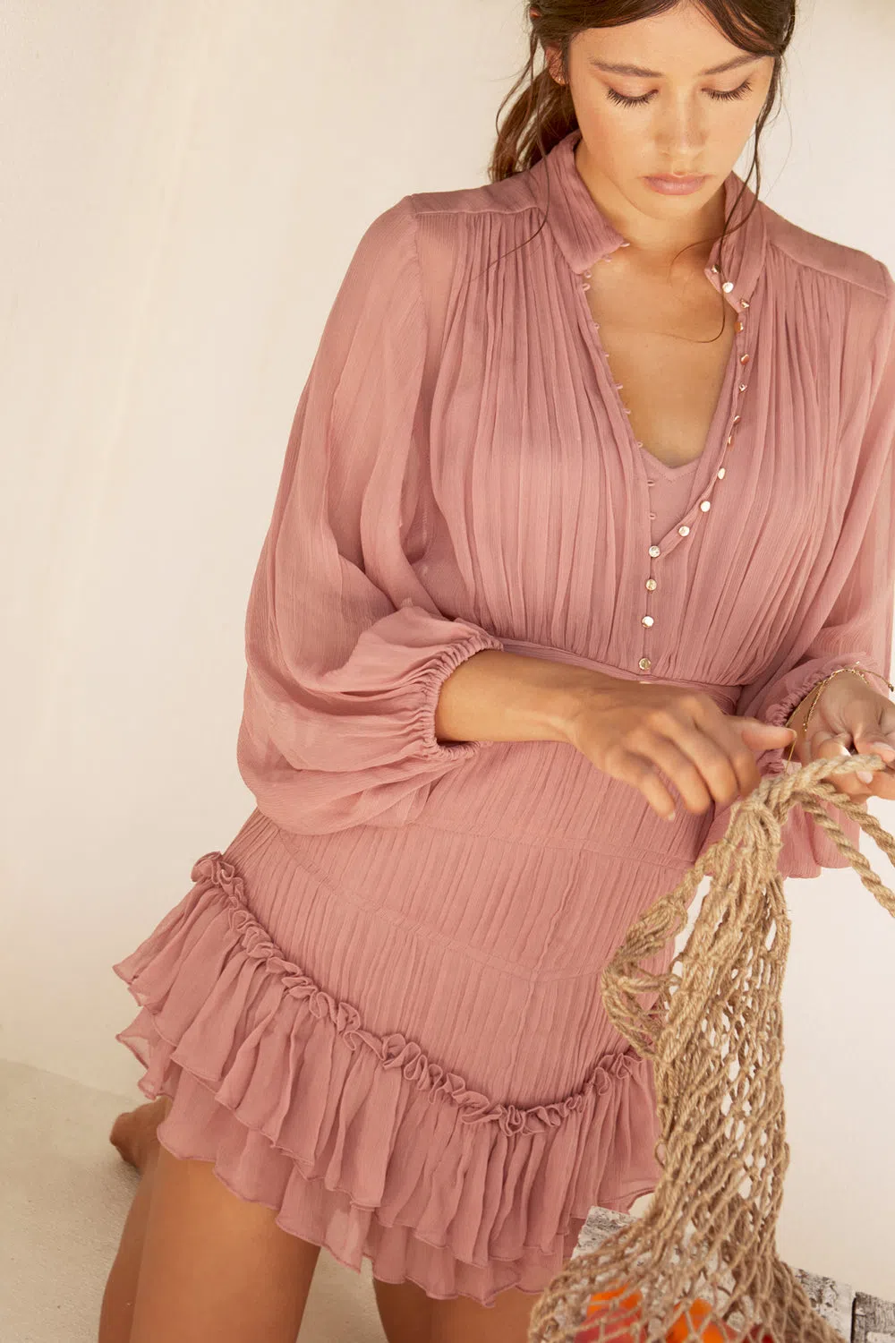 Shona Joy Kayla Button Up Ruched Mini Dress in Antique Rose size 16 - Image 6