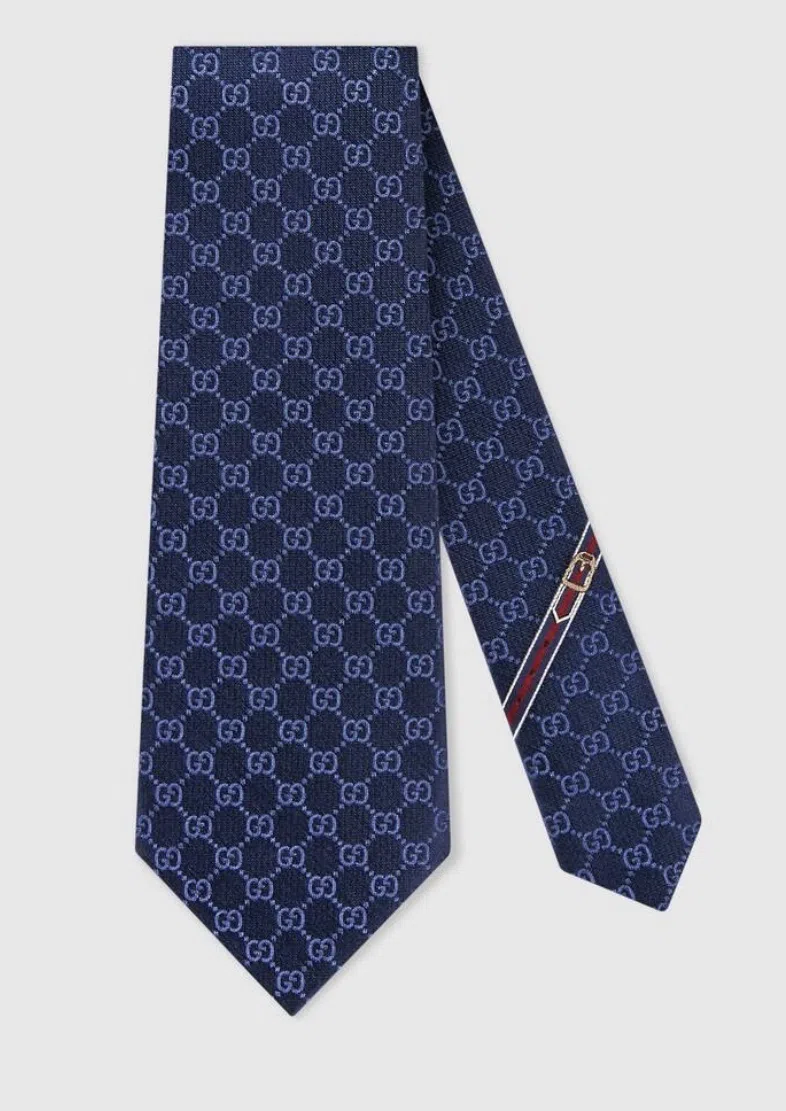 Gucci GG Pattern Silk Tie Navy - Image 4