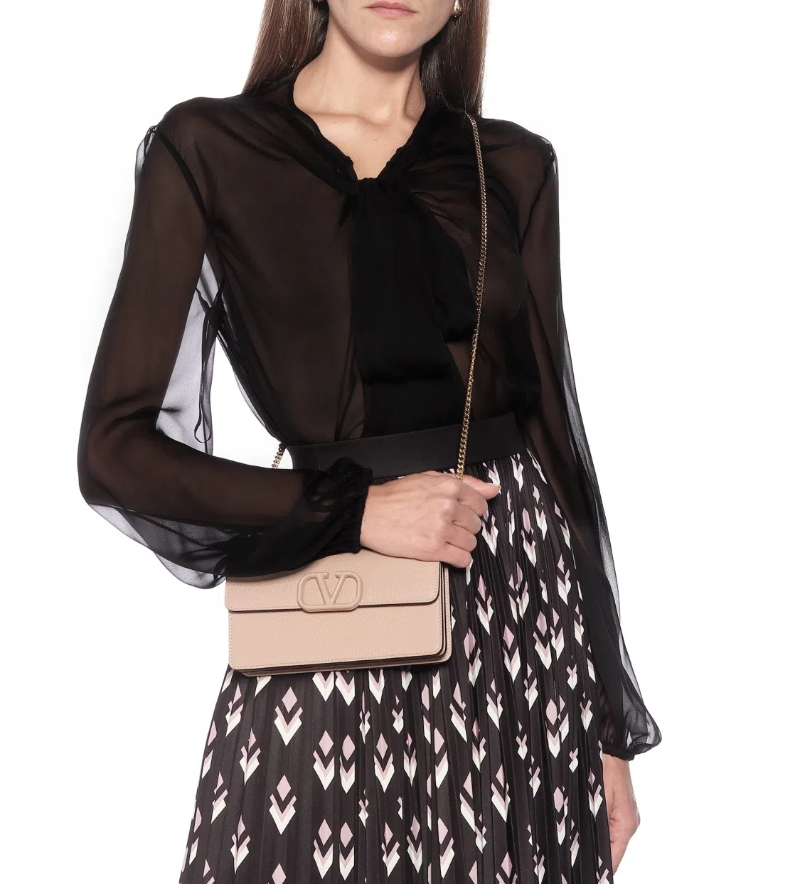 Valentino Garavani VSling Grainy Calfskin Purse With Chain Strap Dusty Pink - Image 1