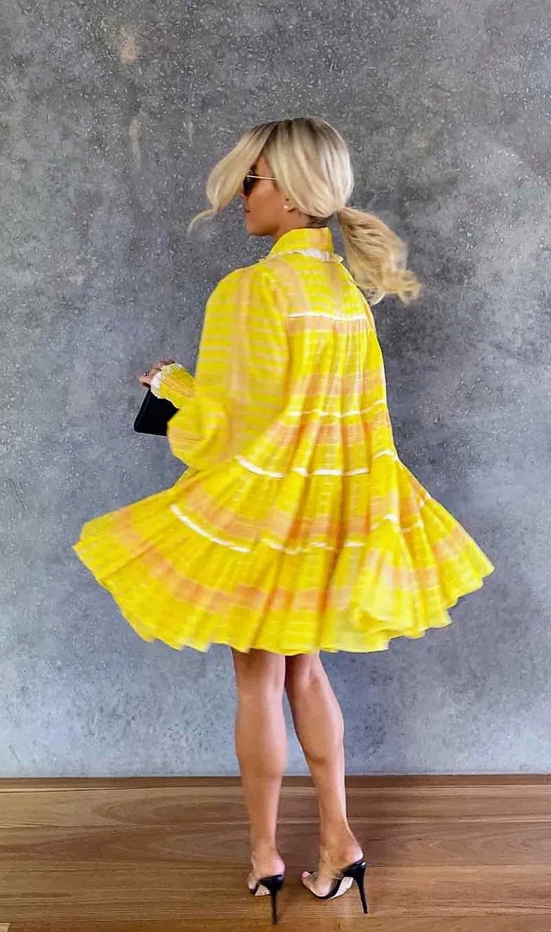 Aje Wilderness Smock Dress Yellow Check Size 8  - Image 5