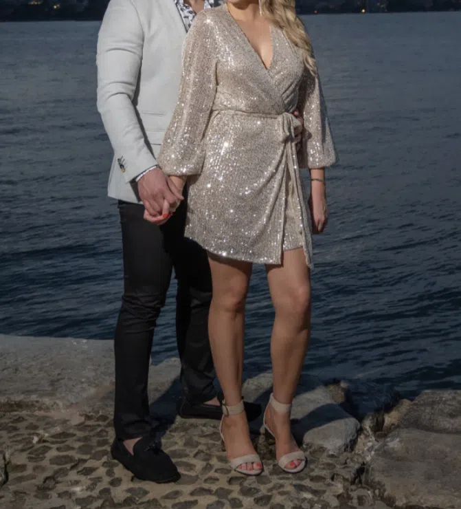 Club London In Awe Silver Sequin Wrap Long Sleeve Belted Mini Dress Size 8 - Image 3