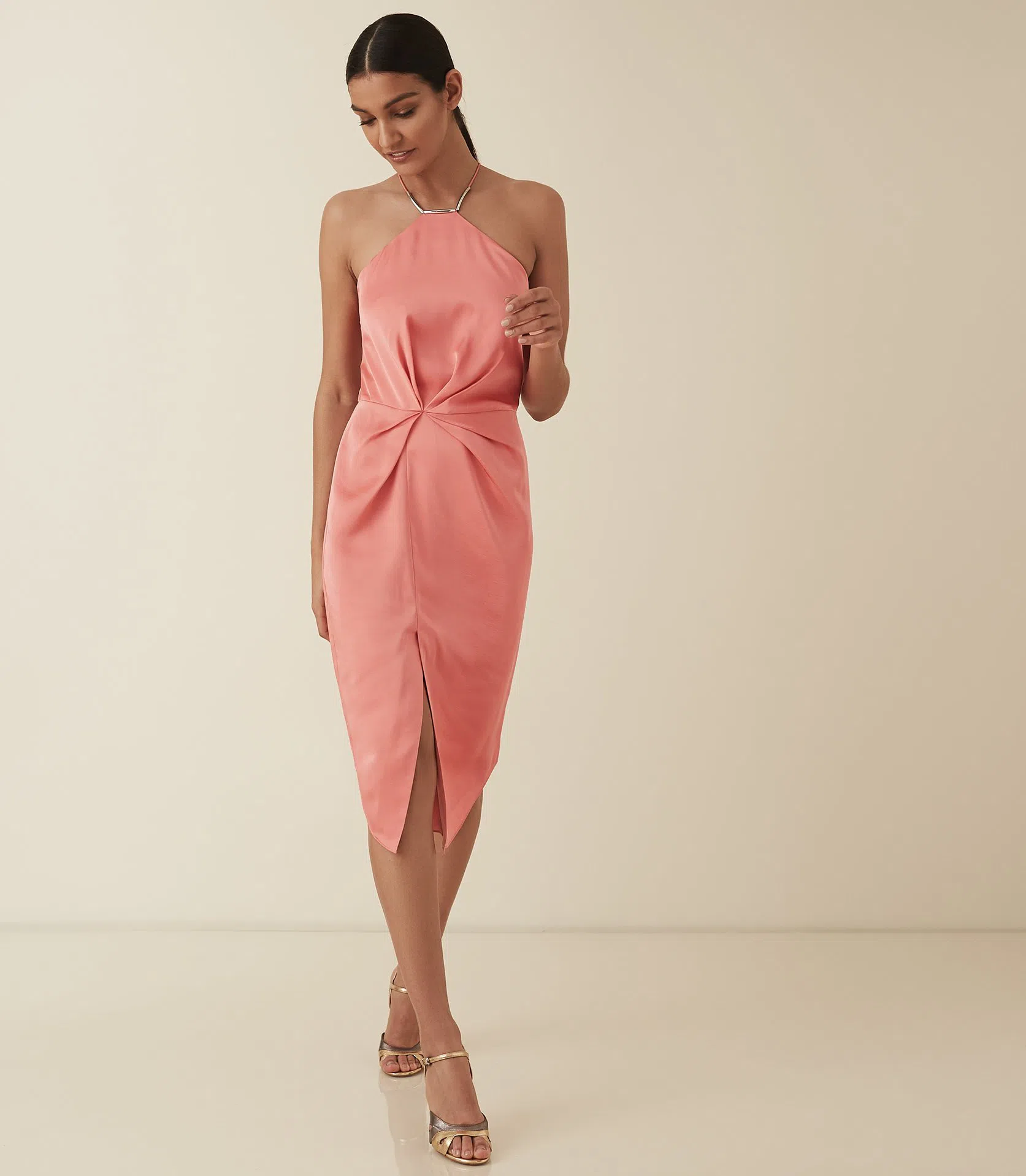 Reiss Paola Cocktail Midi Dress in Coral Pink Size 6 - Image 1