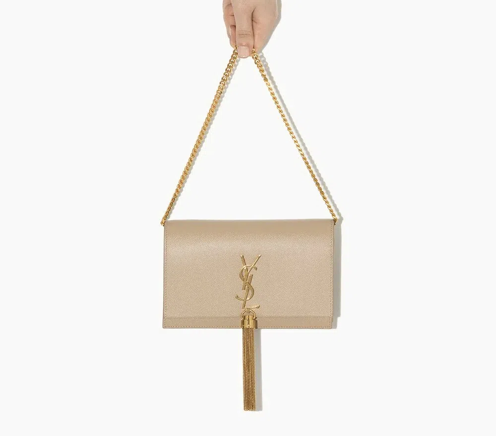 Saint Laurent Kate Textured Leather Handbag with Gold Tassel Beige - Image 1