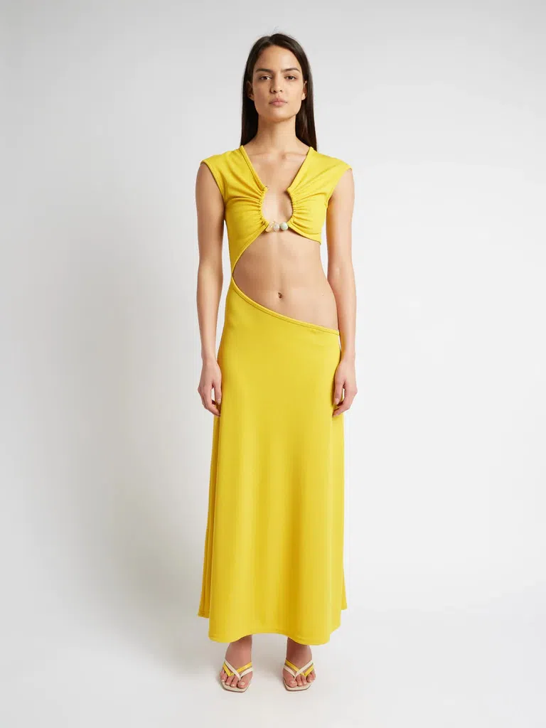 Christopher Esber The Quartz Disconnect Torso Cap Sleeve Dress Yellow Size 6  - Image 1