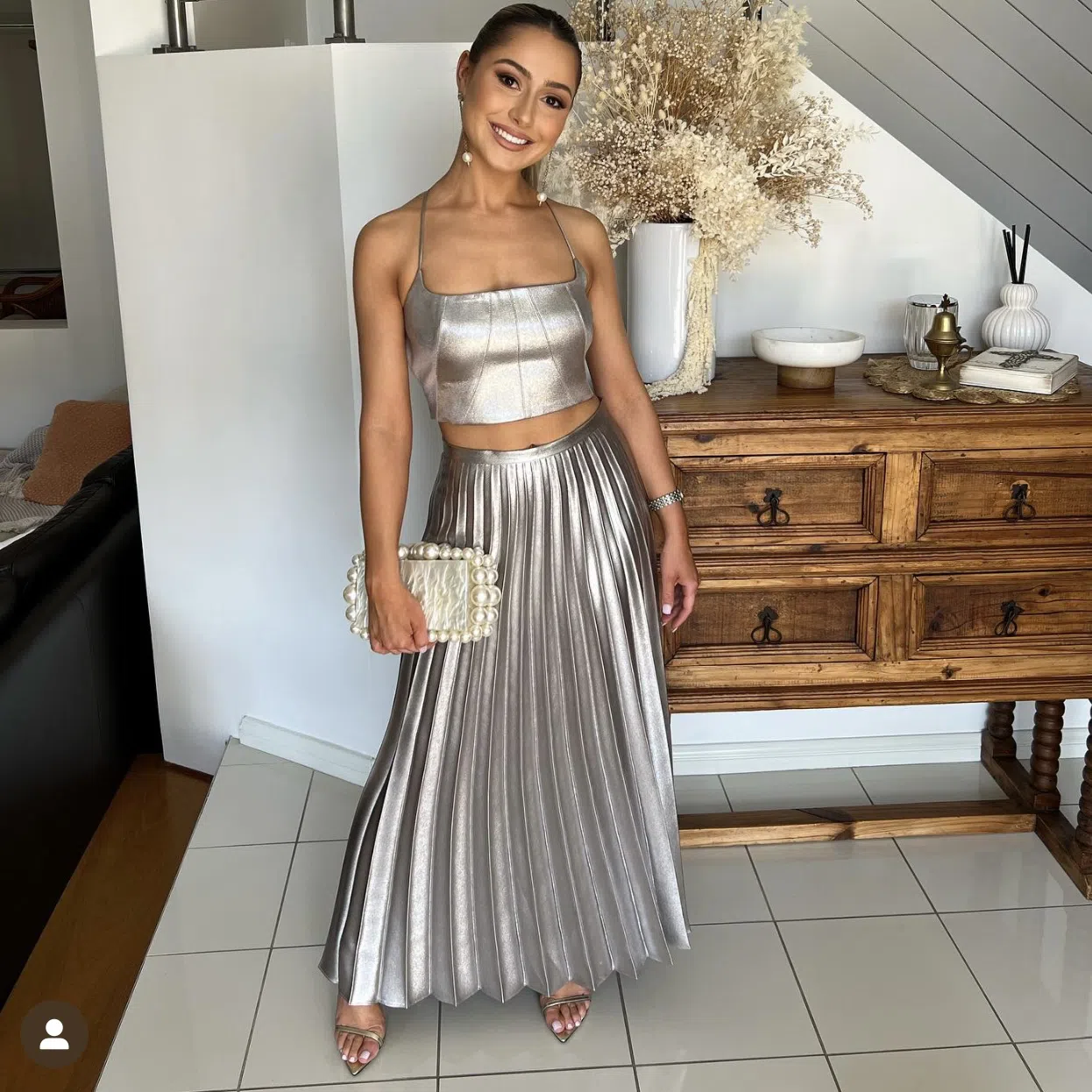 Manning Cartell Mirror Image Crop Top and Pleated Skirt Set Silver Size 6 - Image 1