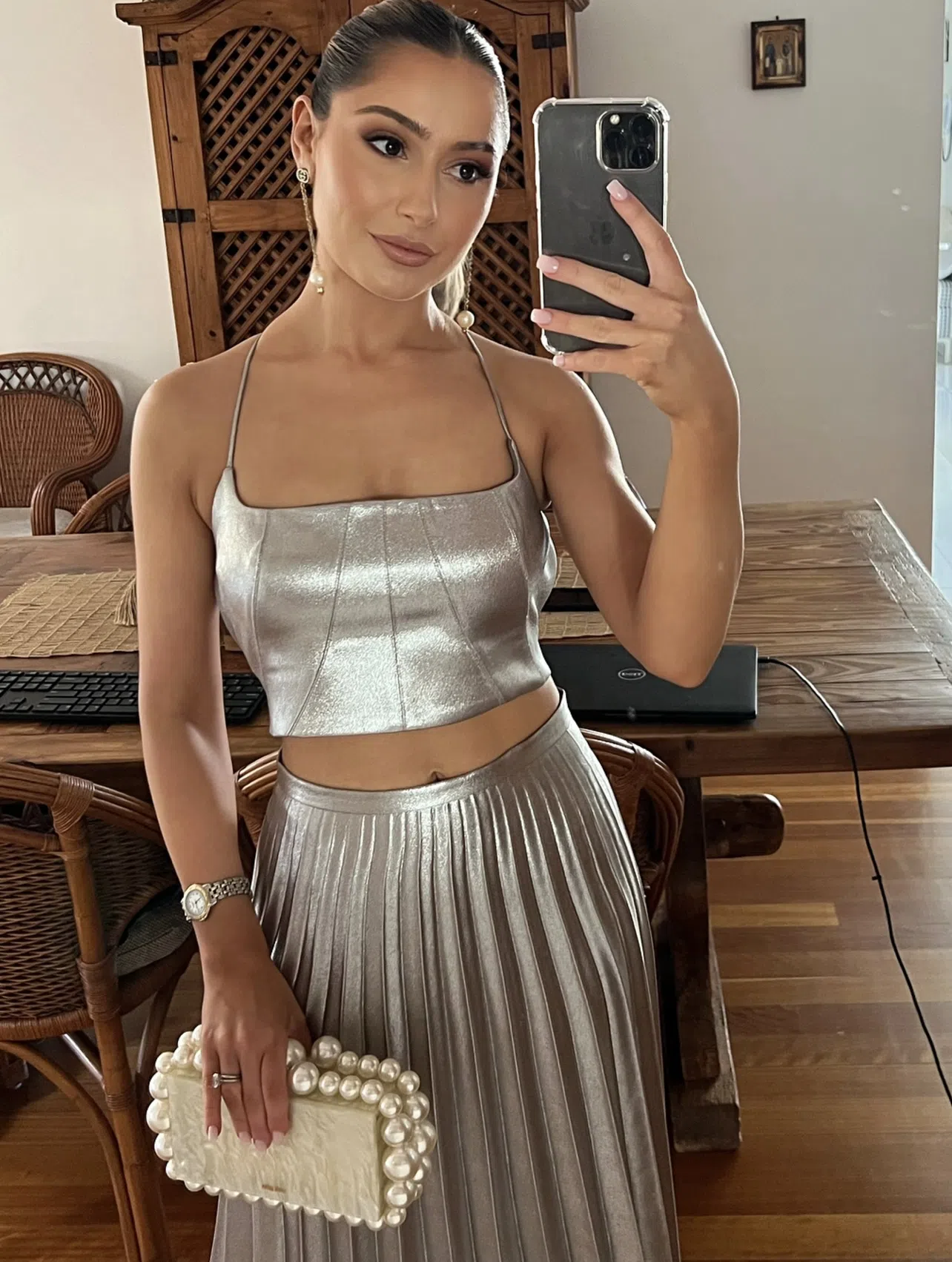 Manning Cartell Mirror Image Crop Top and Pleated Skirt Set Silver Size 6 - Image 2