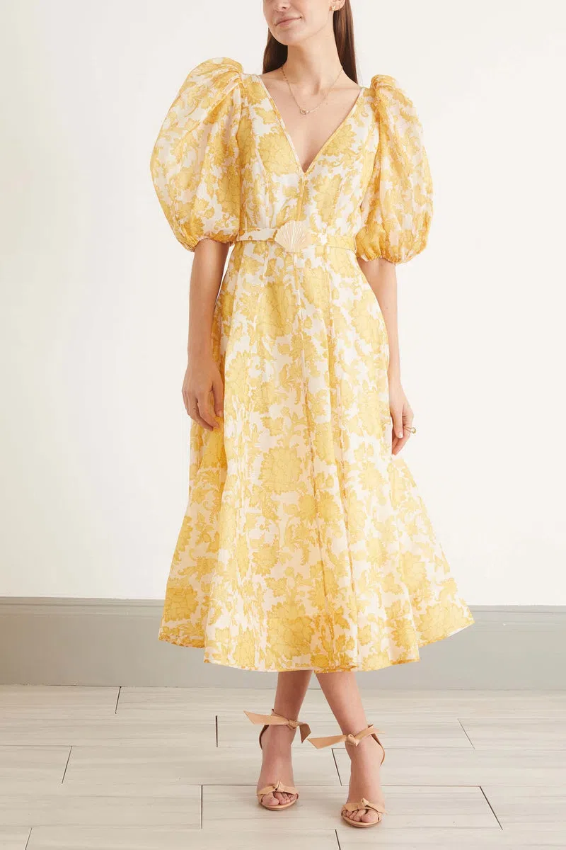 Zimmermann Postcard Puff Sleeve Midi Dress Yellow Tonal Floral Size 4 / Au 16 - Image 2