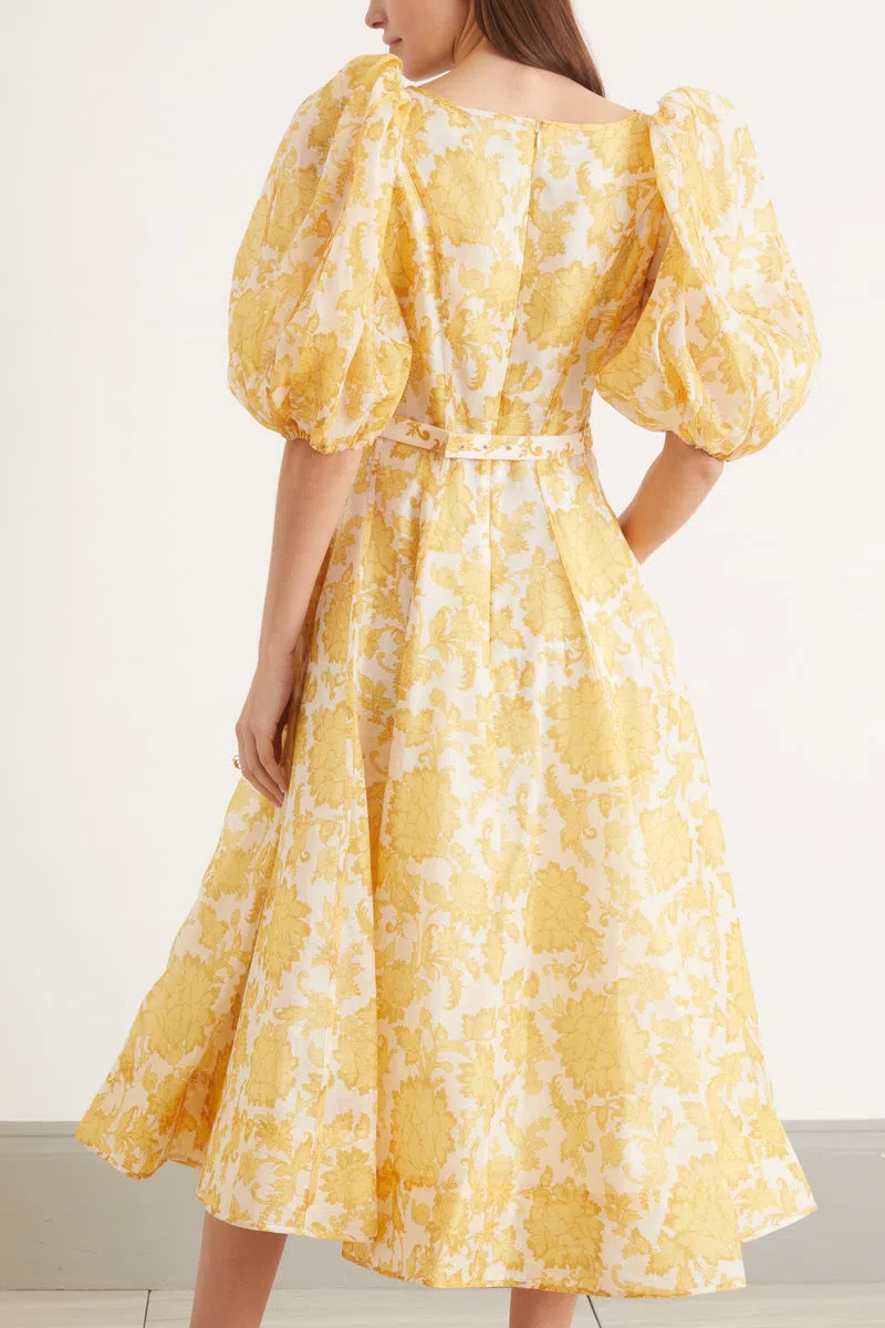 Zimmermann Postcard Puff Sleeve Midi Dress Yellow Tonal Floral Size 4 / Au 16 - Image 4