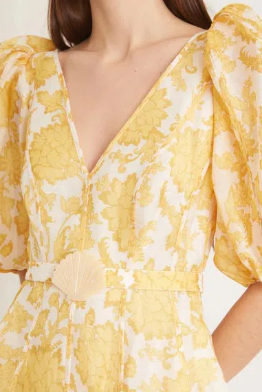 Zimmermann Postcard Puff Sleeve Midi Dress Yellow Tonal Floral Size 4 / Au 16 - Image 3