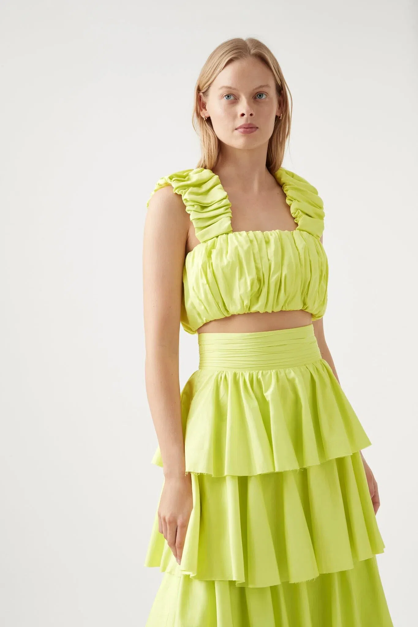 AJE Medina Ruched Cropped Top and Tiered Midi Skirt Set Light Lemon Size 14 - Image 1