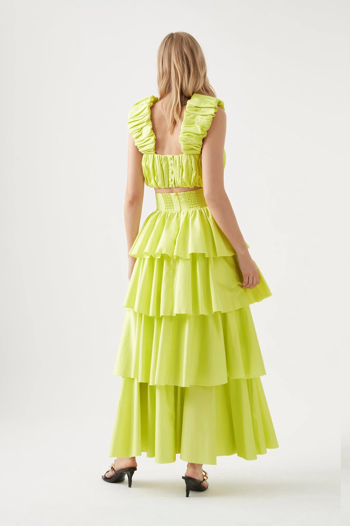 AJE Medina Ruched Cropped Top and Tiered Midi Skirt Set Light Lemon Size 14 - Image 3