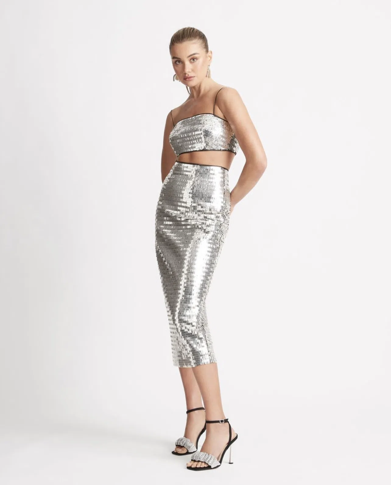 Sheike Walk of Fame Skirt & Top Set in Silver Sequin Size 8 - Image 1