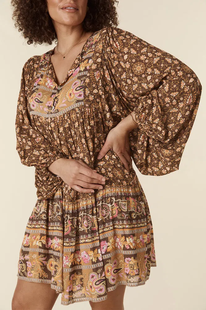 Spell Madame Peacock Boho Mini Dress Coffee Size 8  - Image 2