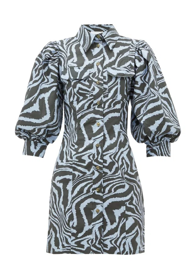 Ganni Cotton Poplin Zebra Shirt Dress Forever Blue Size 10 - Image 3