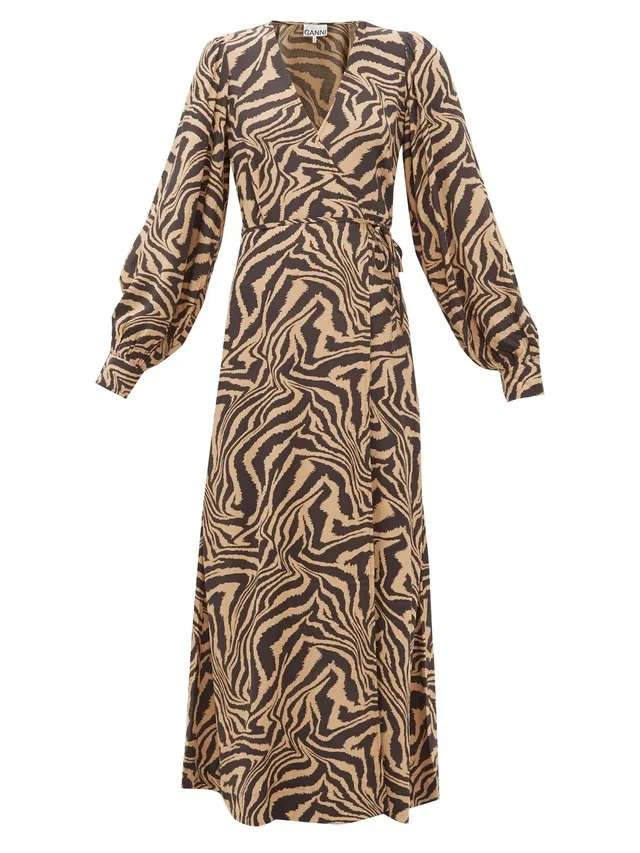 Ganni Zebra Crepe Wrap Dress Brown Print Size 10 - Image 2