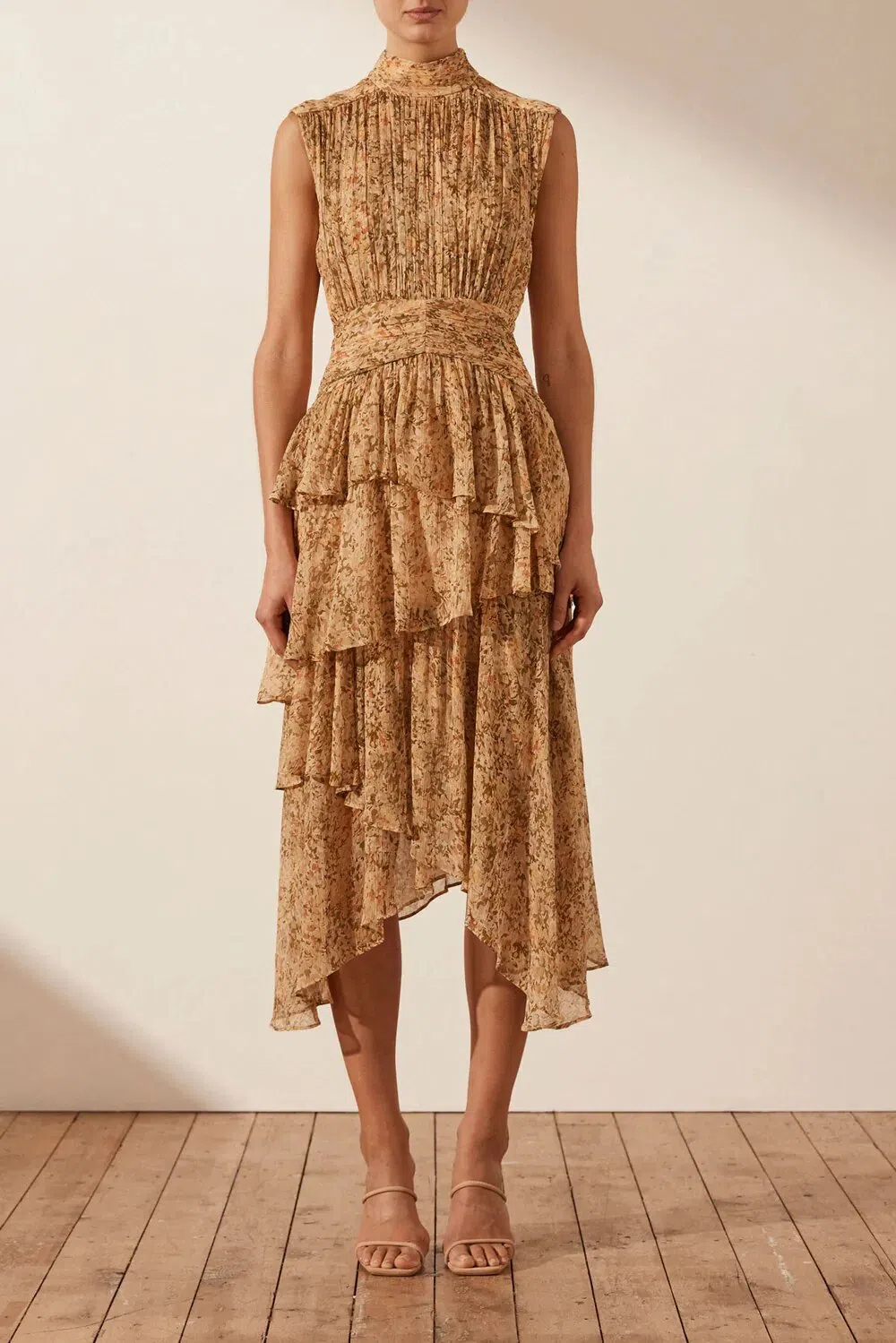 Shona Joy Louise Sleeveless Ruched Midi Dress Print Size 12 - Image 1