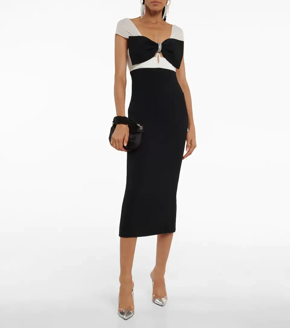 Self Portrait Crepe Crystal Bow Midi Dress Black/White Size 6 - Image 1