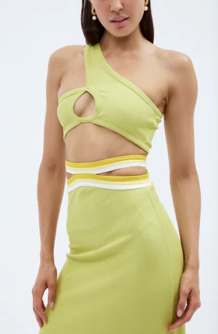 Christopher Esber Looped One Shoulder Rib Crop and Multi Bind Curve Skirt Set in Lime Size 10 - Image 3