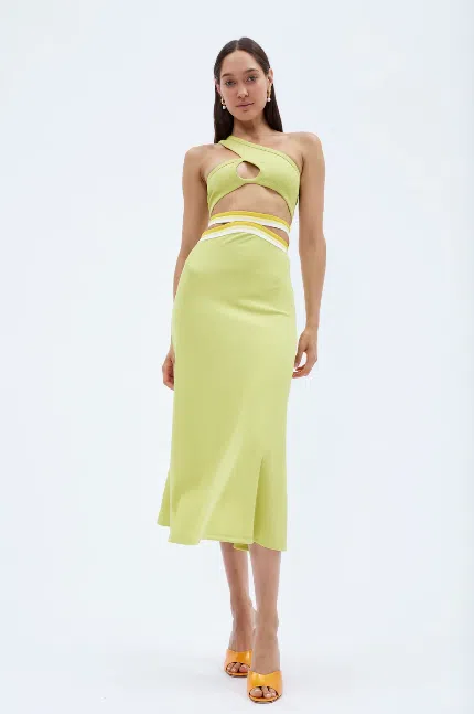 Christopher Esber Looped One Shoulder Rib Crop and Multi Bind Curve Skirt Set in Lime Size 10 - Image 2