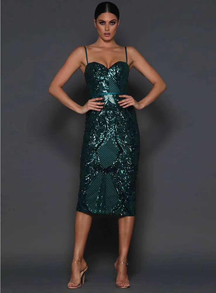 Elle Zeitoune Jones Sequin Midi Dress Emerald Green Size 14 - Image 1