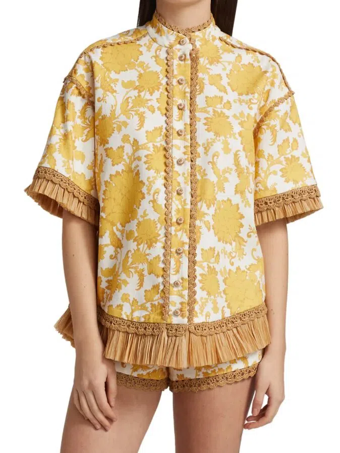 Zimmermann Postcard Fringe Shirt and Short Set  Yellow/Print Size 8 - Image 2