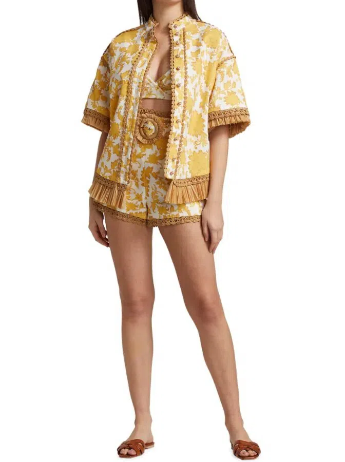 Zimmermann Postcard Fringe Shirt and Short Set  Yellow/Print Size 8 - Image 1