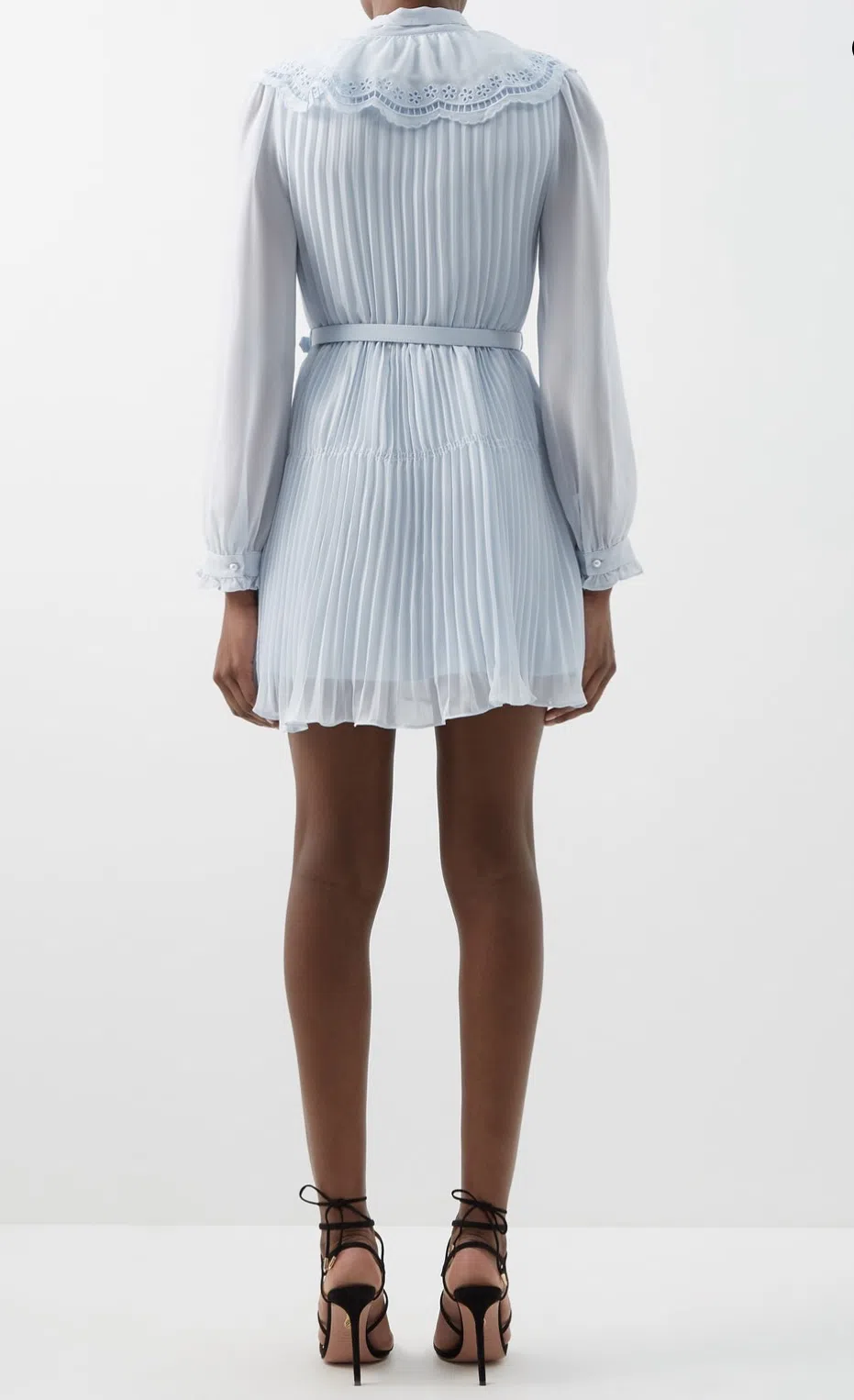 Self Portrait Broderie-Collar Pleated Chiffon Mini Dress Blue Size 12 - Image 4