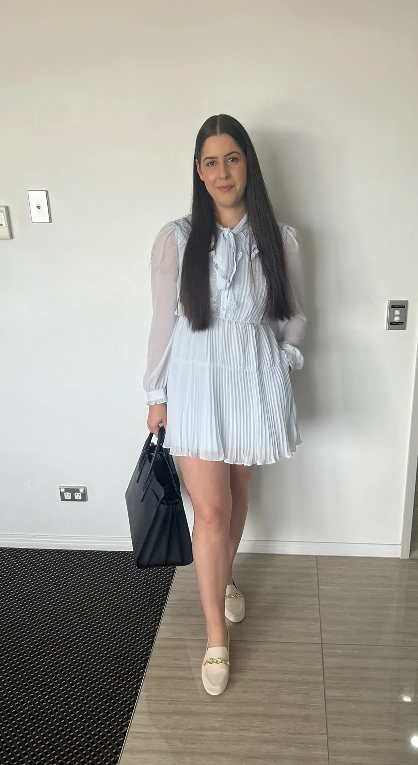 Self Portrait Broderie-Collar Pleated Chiffon Mini Dress Blue Size 12 - Image 3