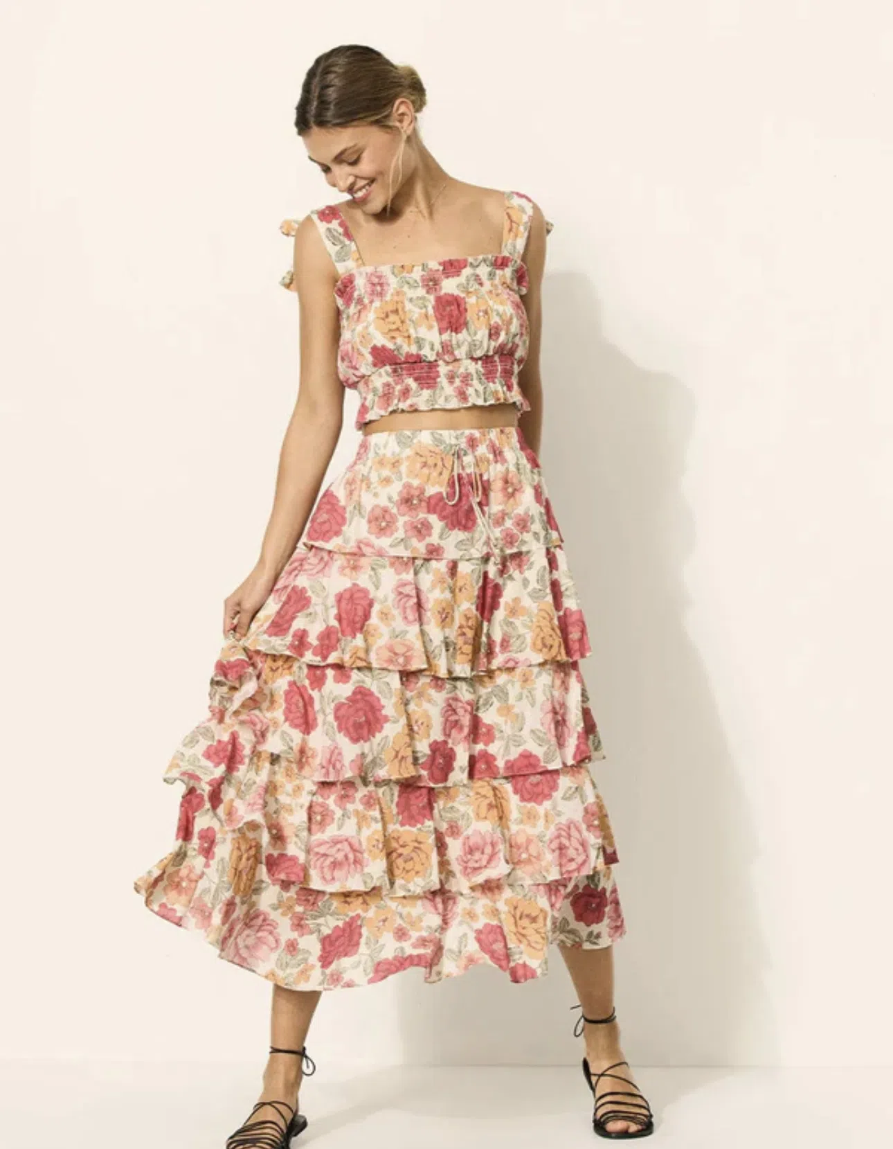 Kivari Camela Shirred Top Size 14 and Midi Skirt Size 10 Set Floral - Image 1