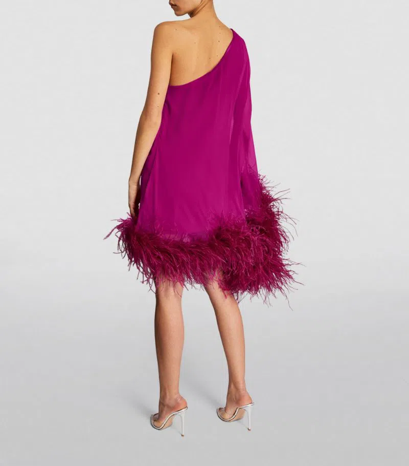 TALLER MARMO Feather-Trimmed Asymmetric Mini Dress Pink Size 10 - Image 3