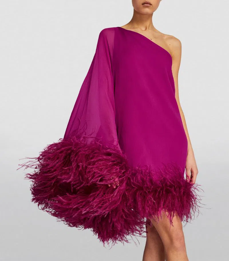 TALLER MARMO Feather-Trimmed Asymmetric Mini Dress Pink Size 10 - Image 2