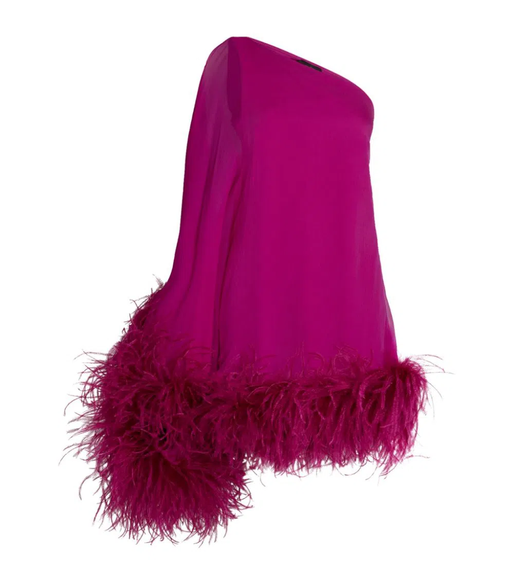 TALLER MARMO Feather-Trimmed Asymmetric Mini Dress Pink Size 10 - Image 4