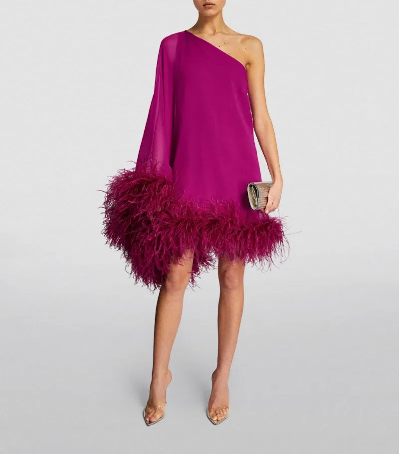 TALLER MARMO Feather-Trimmed Asymmetric Mini Dress Pink Size 10 - Image 1