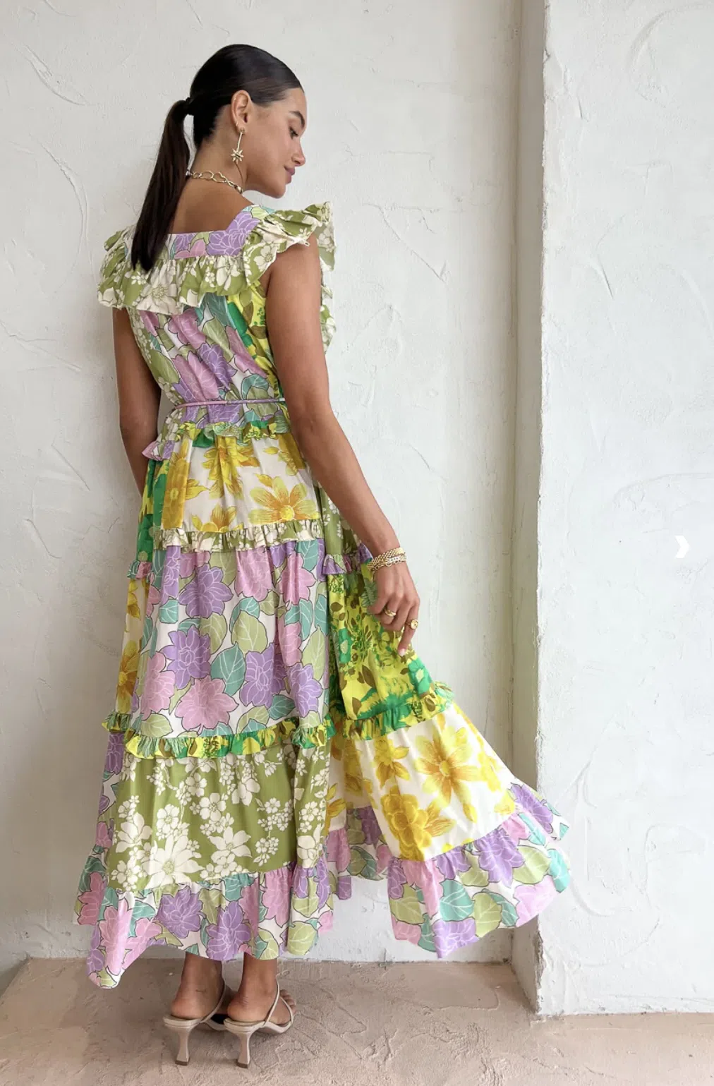 Alemais Elora Tiered Patchwork Midi Dress Multi Floral Size 10 - Image 3