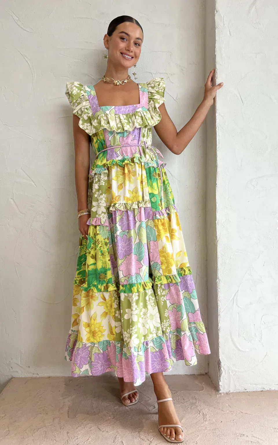 Alemais Elora Tiered Patchwork Midi Dress Multi Floral Size 10 - Image 1