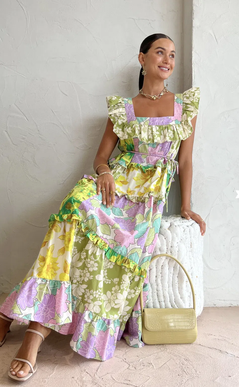 Alemais Elora Tiered Patchwork Midi Dress Multi Floral Size 10 - Image 2