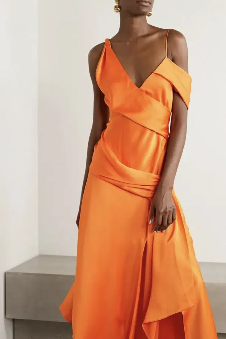 Jonathan Simkhai Asymmetric Draped Satin Midi Dress Orange Size 0 - Image 2