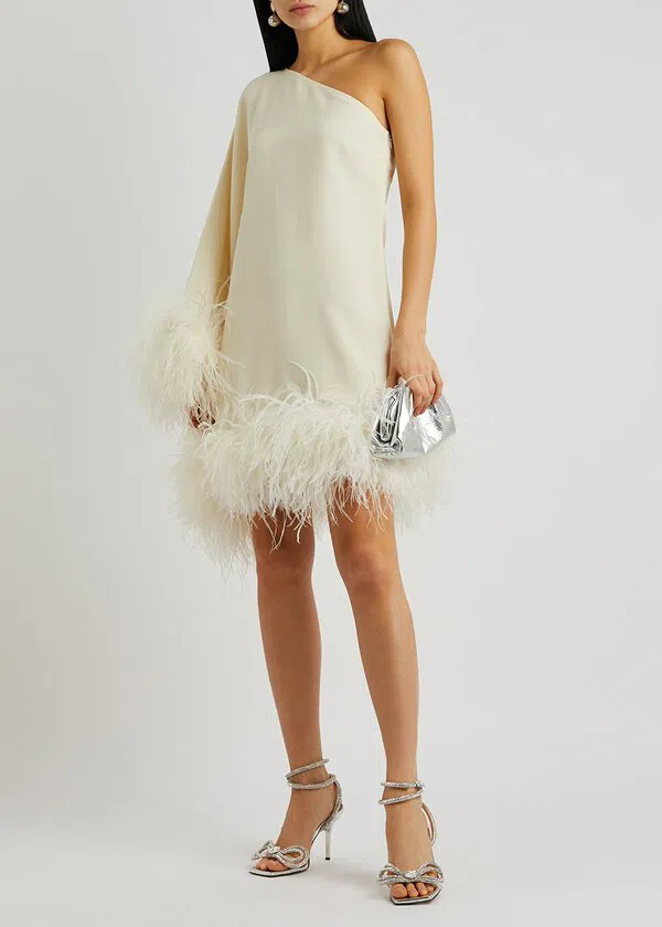 Taller Marmo Piccolo Ivory Feather Trimmed One Shoulder Mini Dress Ivory Size 10 - Image 1