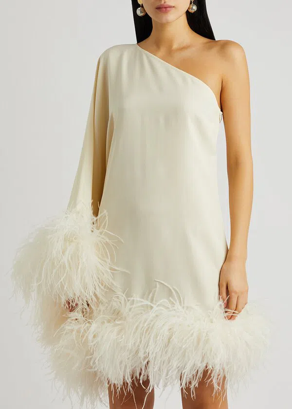 Taller Marmo Piccolo Ivory Feather Trimmed One Shoulder Mini Dress Ivory Size 10 - Image 2