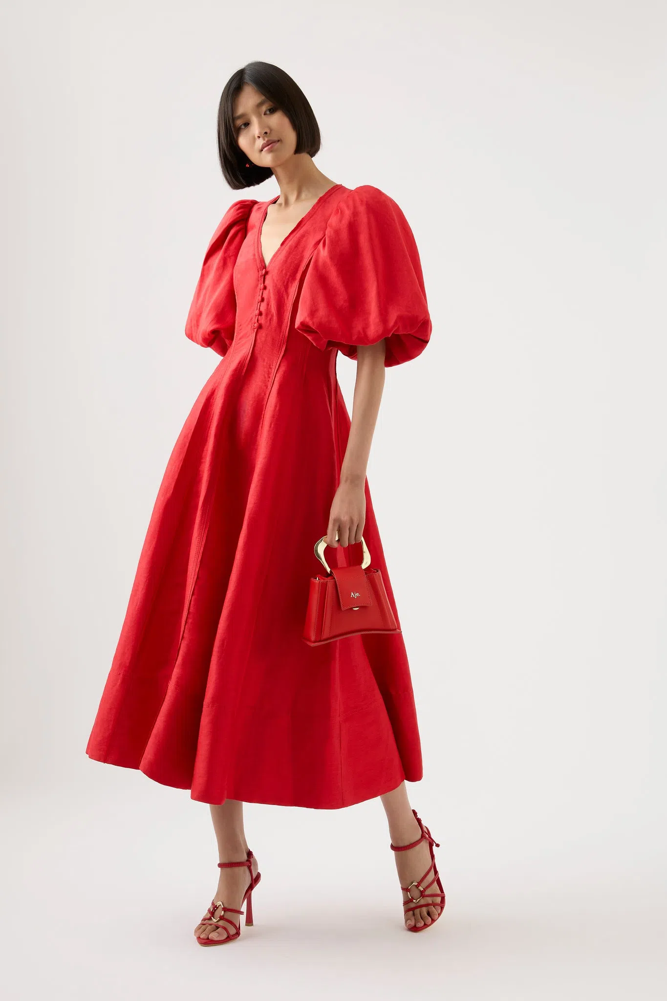 Aje Dusk Puff Sleeve Midi Dress Scarlet Red Size 8 - Image 1