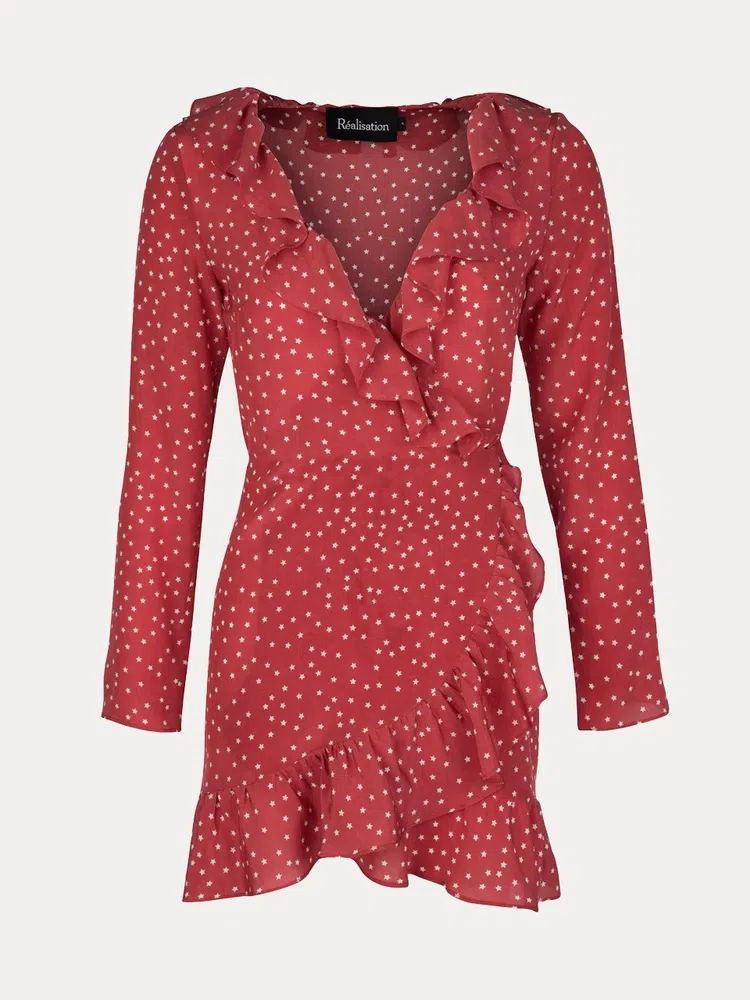 Realisation Par Alexandra Red Star Wrap Dress Red Print Size 6  - Image 3